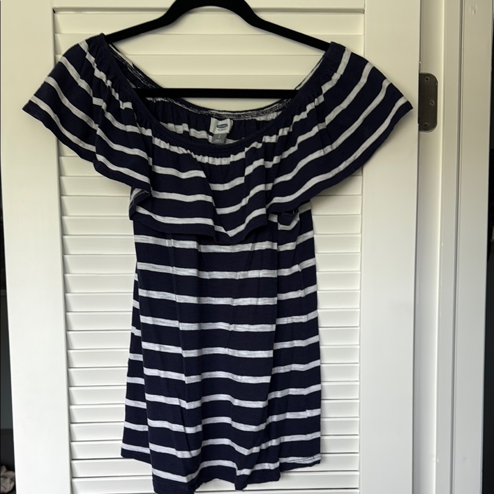 Old Navy Navy and White Striped Ruffle Blouse